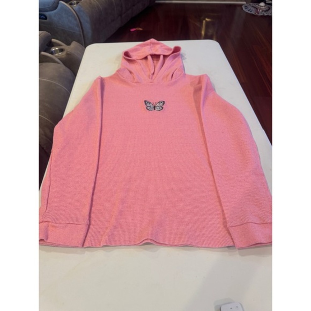 Sunrise Kingdom Pink Waffle Knit Pullover Hoodie Butterfly Graphic Small